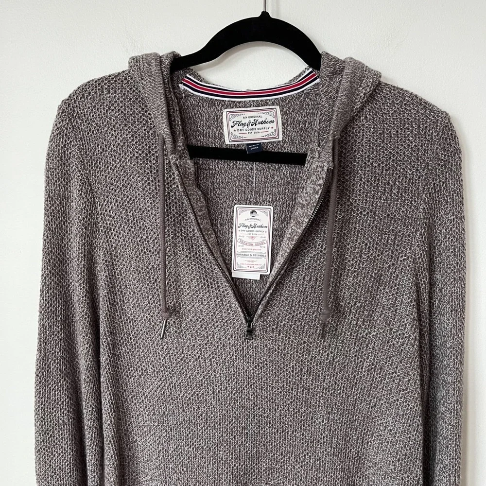 NWT Flag &‎ Anthem 1/4 Zip Hooded Sweater Brown Heather Mens Medium Cotton Blend